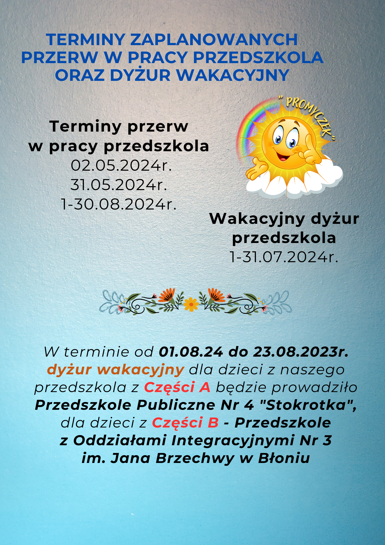 Terminy przerw w&nbsp;pracy przedszkola