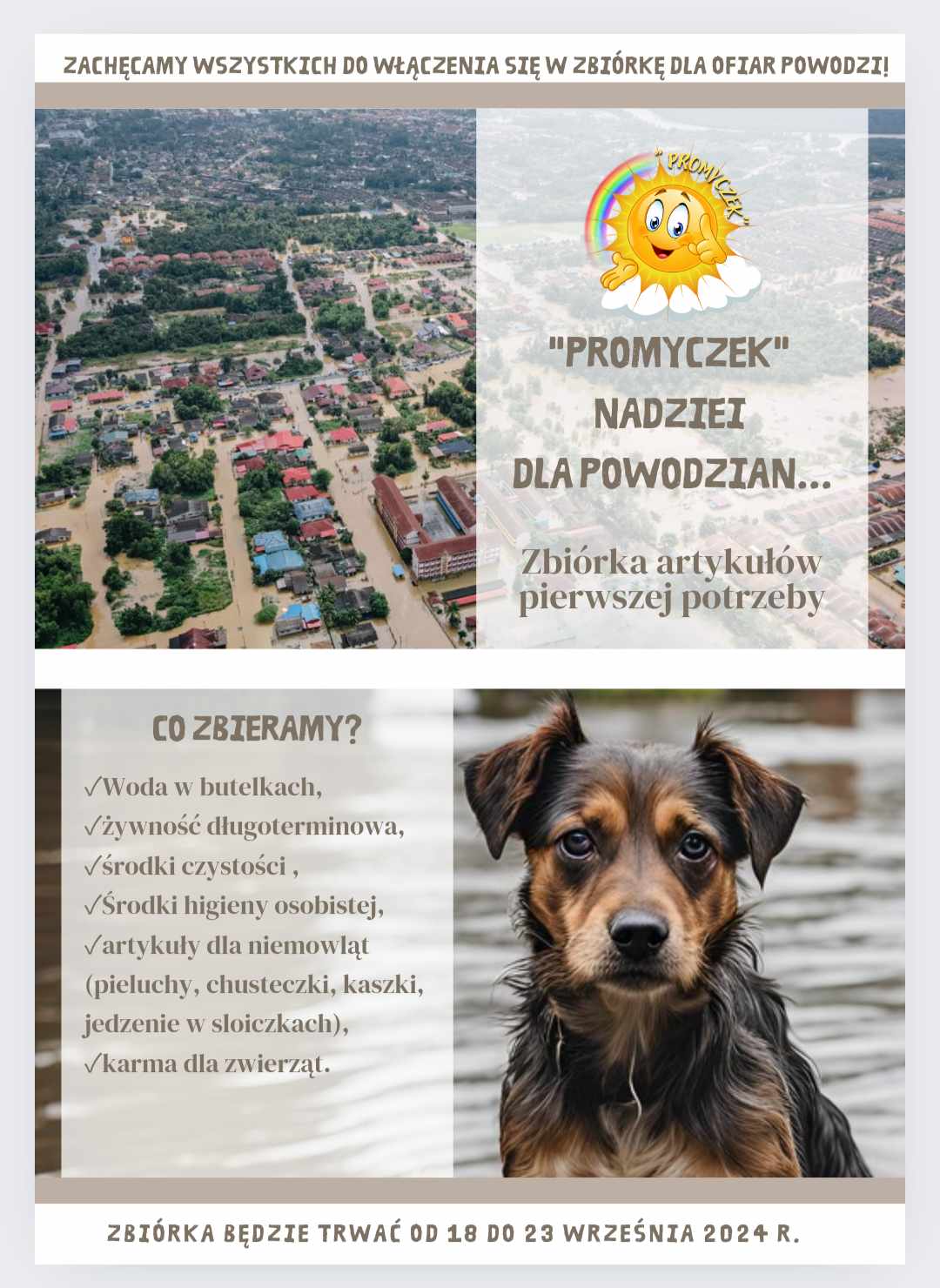 Zbi&oacute;rka artykuł&oacute;w pierwszej potrzeby dla POWODZIAN